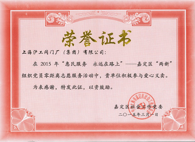 嘉定區(qū)社會工作黨委頒發(fā)的榮譽(yù)證書